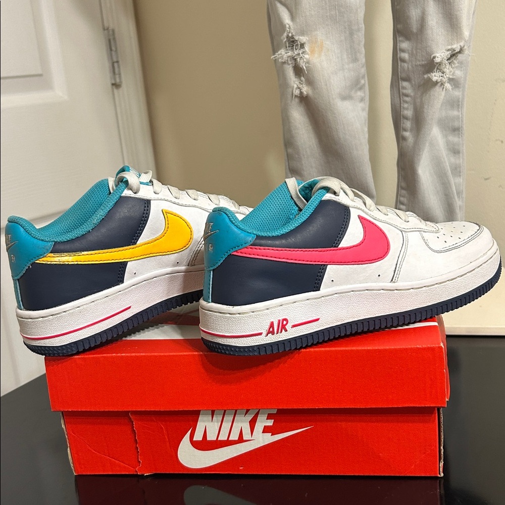 Nike Air Force 1 GS with Pink, Neon Orange, and Teal Accents with A Nike Box